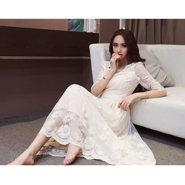 Váy ren cao cấp dáng dài hoa thêu cắt lazer đi biển đi dự tiệc đi làm hot trend 2022