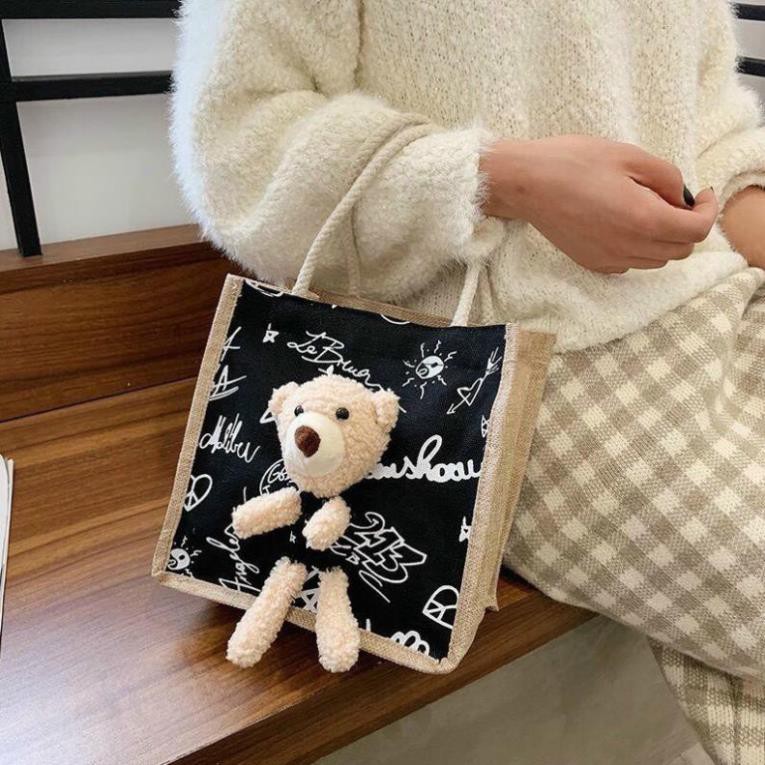 Túi cói xách tay nữ hình GẤU bông kute Hàn Quốc vải dệt lanh canvas túi xinh cho bé đi chơi biển giá rẻ Tuidepstore