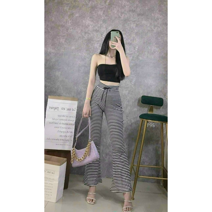Quần dài ống loe trơn sọc ngang xinh chất thun gân đẹp