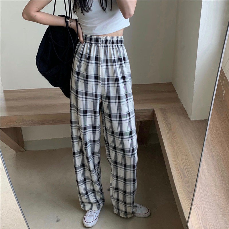 Plaid pants women loose straight 2021 new summer thin casual pants high waist thin mopping pants trend