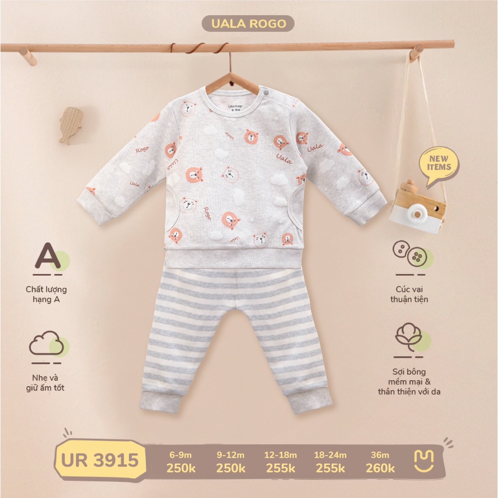 Bộ thu đông cho bé Uala rogo 6 tháng-3 tuổi cotton nỉ cổ tròn giữ ấm tốt họa tiết phối kẻ 3915