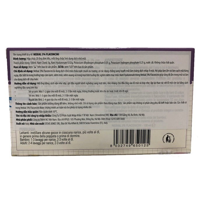 Nước muối nhỏ mũi Nebial 3% từ Buona Italia, giúp giảm nghẹt mũi, chảy mũi,làm sạch dịch nhầy mũi