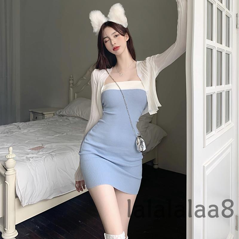 LAA8-Women´s Fashion Strapless Contrast Color Slim Fit Knitted Tube Dress