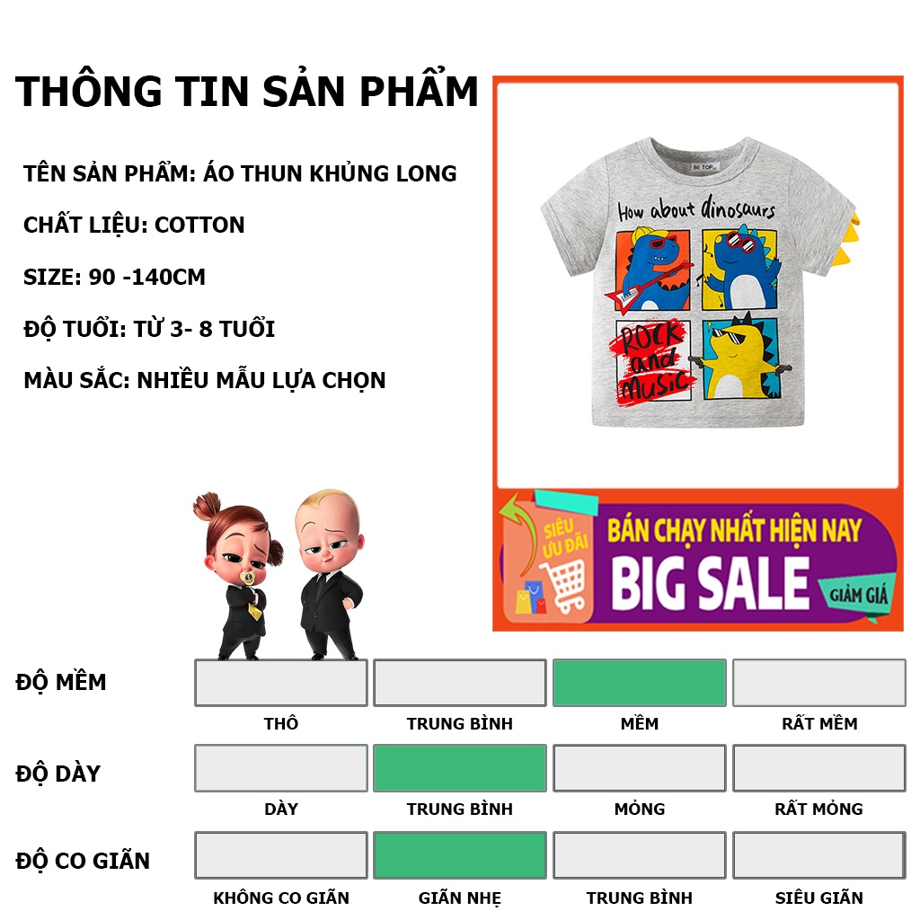Áo thun cho bé trai BETOP họa tiết khủng long, áo phông bé trai cộc tay vải Cotton thoáng mát hàng xuất khẩu