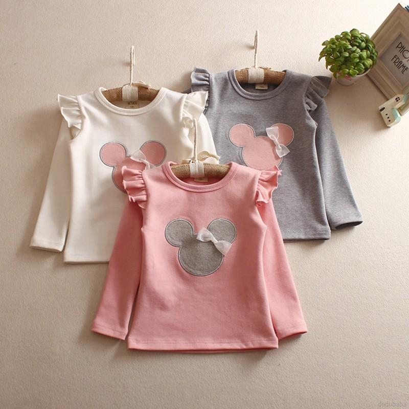 Áo thun tay dài cổ tròn đính nơ cho bé 1-7 tuổi