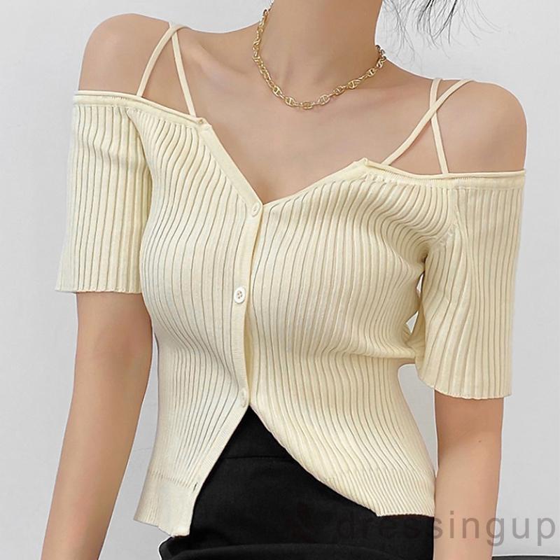 Áo Sơ Mi Nữ Tay Ngắn Trễ Vai Cổ Chữ V Có Hàng Nút Dành Cho Nữ