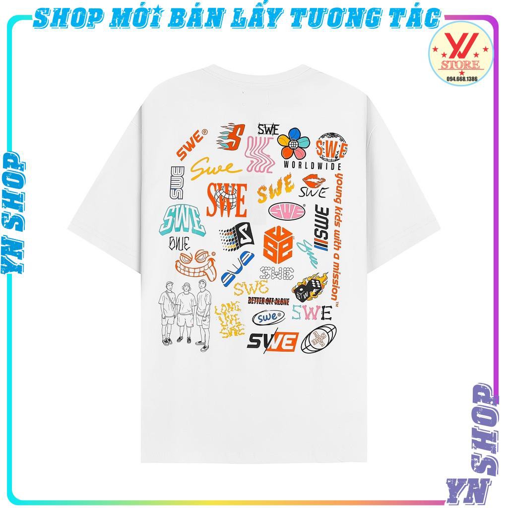 Áo Thun Form Rộng Tay Lỡ in Hình Nhiều Logo SWE, áo phông nam nữ Phong Cách Ulzzang Hàn Quốc SmileZ