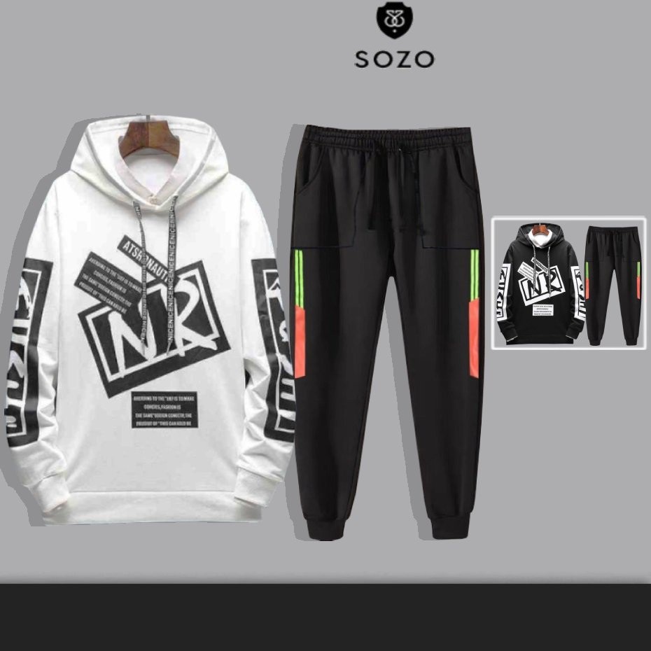 Set Bộ 2 Món Quần Dài + Áo Hoodie Nón Nam Nữ Unisex Chất Vải Nỉ CB2_WAH091NI_MQU075NODEF7 (Nr + 2 Sọc Túi Vuông)