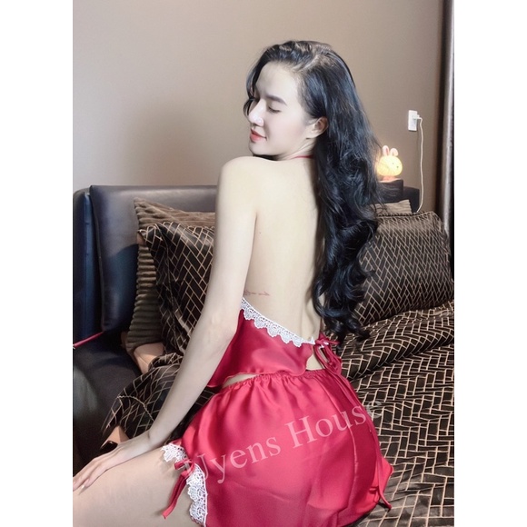 Set yếm ngủ  viền ren trắng chất satin mềm, mịn, mát mã 8