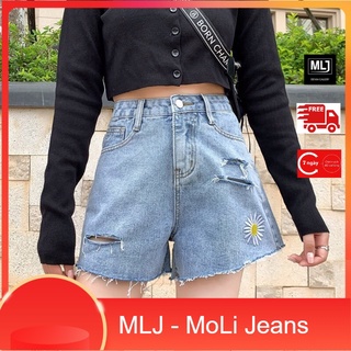 Quần short jean nữ Big Size lưng cao trên rốn, co dãn mạnh, in hoa cúc đang hot 3453