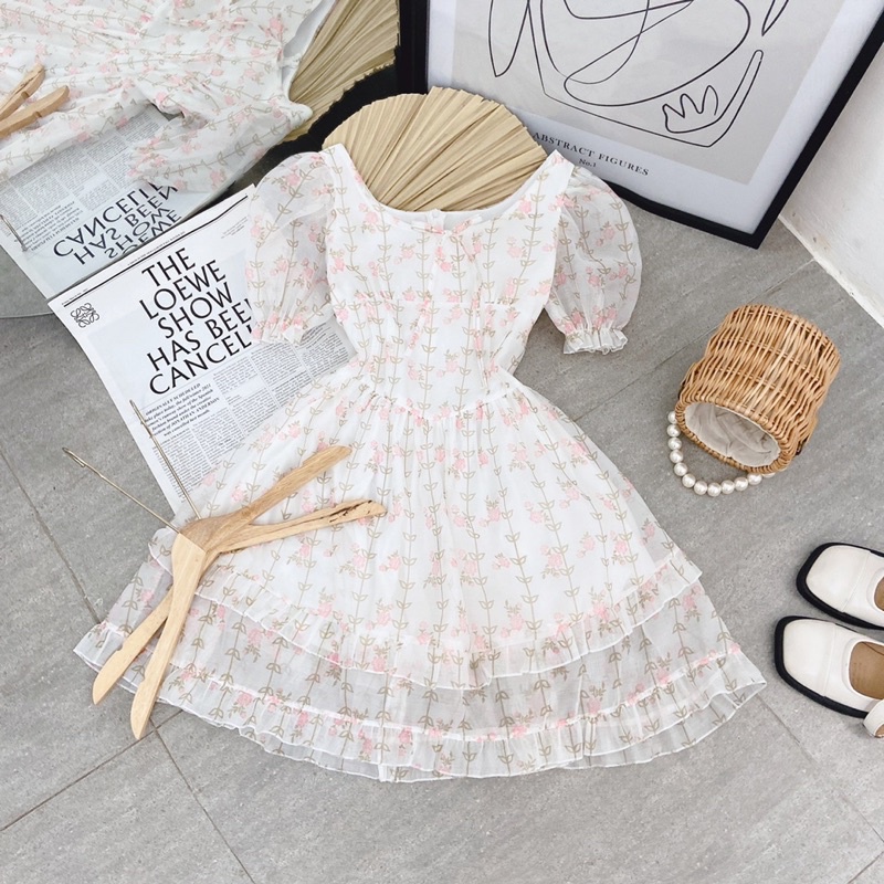 ĐẦM HOA HỒNG TAY BO BBD TẦNG BÈO