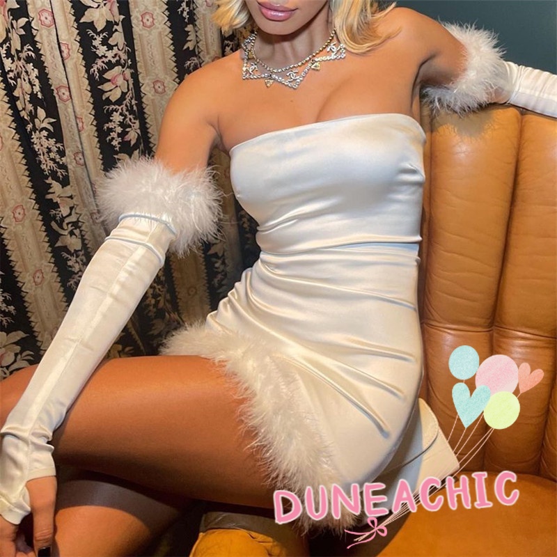 DUNEA Đầm trễ vai tay dài phối lông vũ thời trang quyến rũ cho nữ