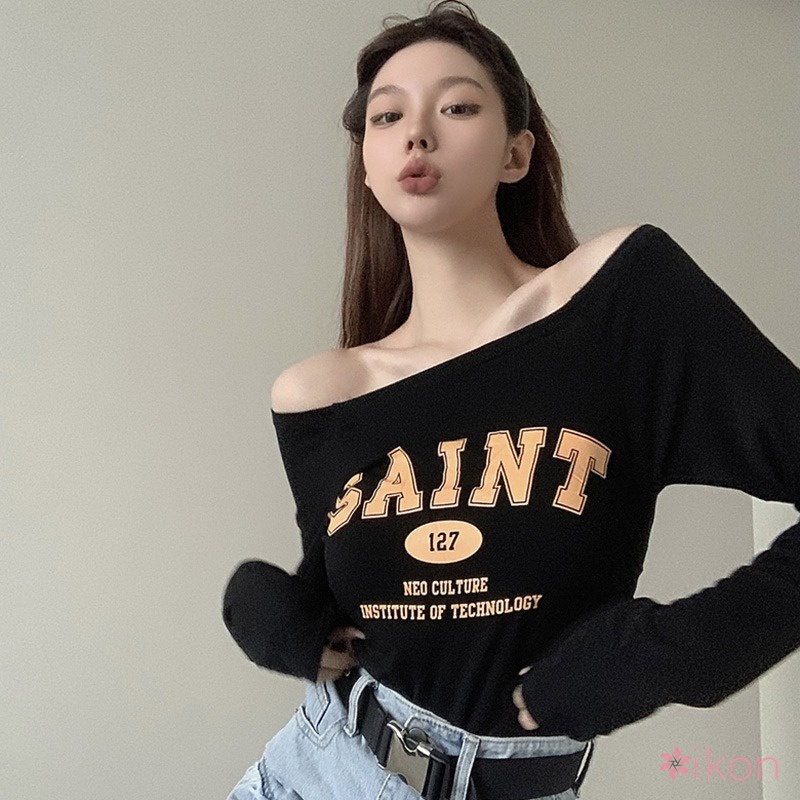 Áo Thun Tay Dài Hở Vai In Họa Tiết Phong Cách Hàn Quốc Thời Trang Cho Nữ