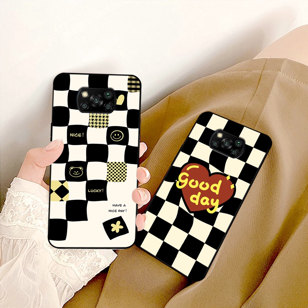 Ốp lưng Xiaomi Poco X3 / Poco X3 Pro in hoạ tiết caro trái tim đen trắng, gấu bear cute đáng yêu