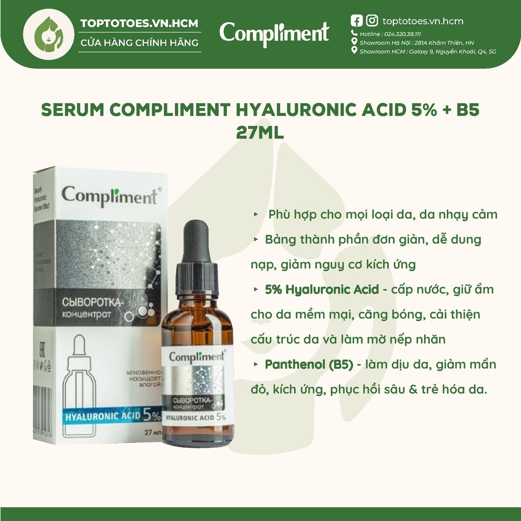 Serum Compliment Hyaluronic Acid 5% + B5 cấp nước, giữ ẩm, phục hồi 27ml