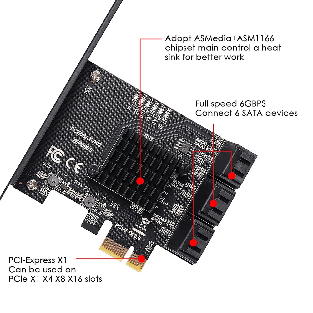 Card mở rộng chuyển đổi ASM1166 chip 6 cổng SATA 3.0 sang PCIE SATA 3 kèm phụ kiện cho HDD 3c-VN | WebRaoVat - webraovat.net.vn