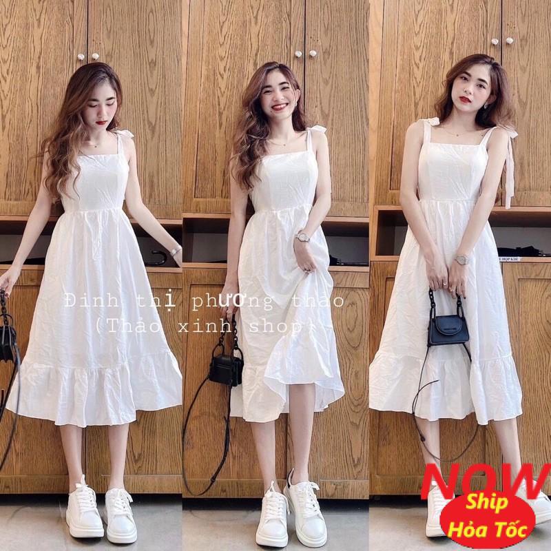 Đầm 2 dây cột nơ vai chất vải đũi thun bo eo FreeSize dưới 53kg