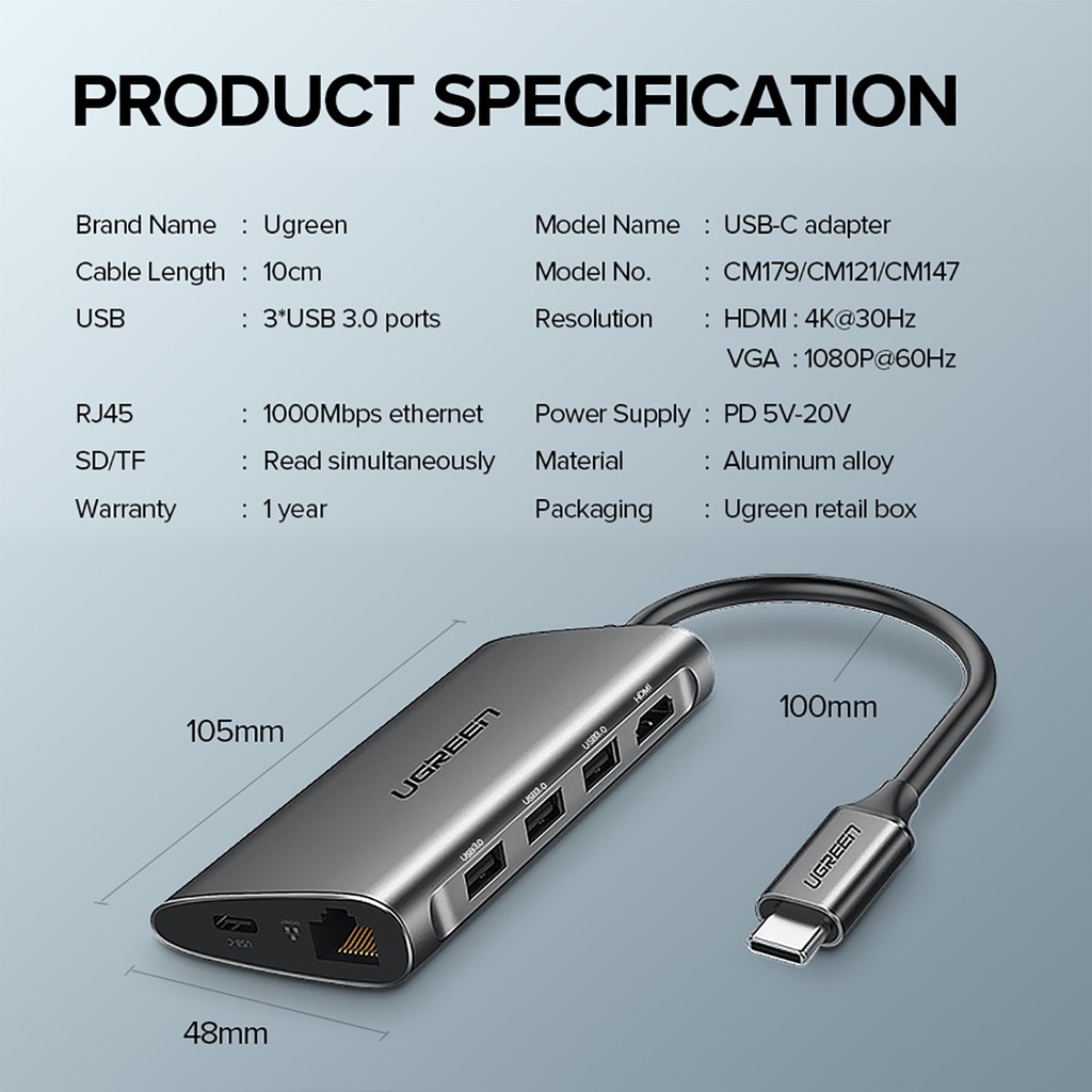 Hub Usb TypeC Sang Hdmi, Vga, Usb 3.0, RJ45, TF, SD Card Cao Cấp, UGREEN CM121 Chính Hãng