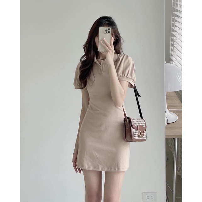 Váy Đầm Polo Nữ Tay Phồng - Halinh Shop - Váy Cổ Sơ Mi Trơn Cộc Tay Body Xoè Nhẹ Phần Chân Váy size S M