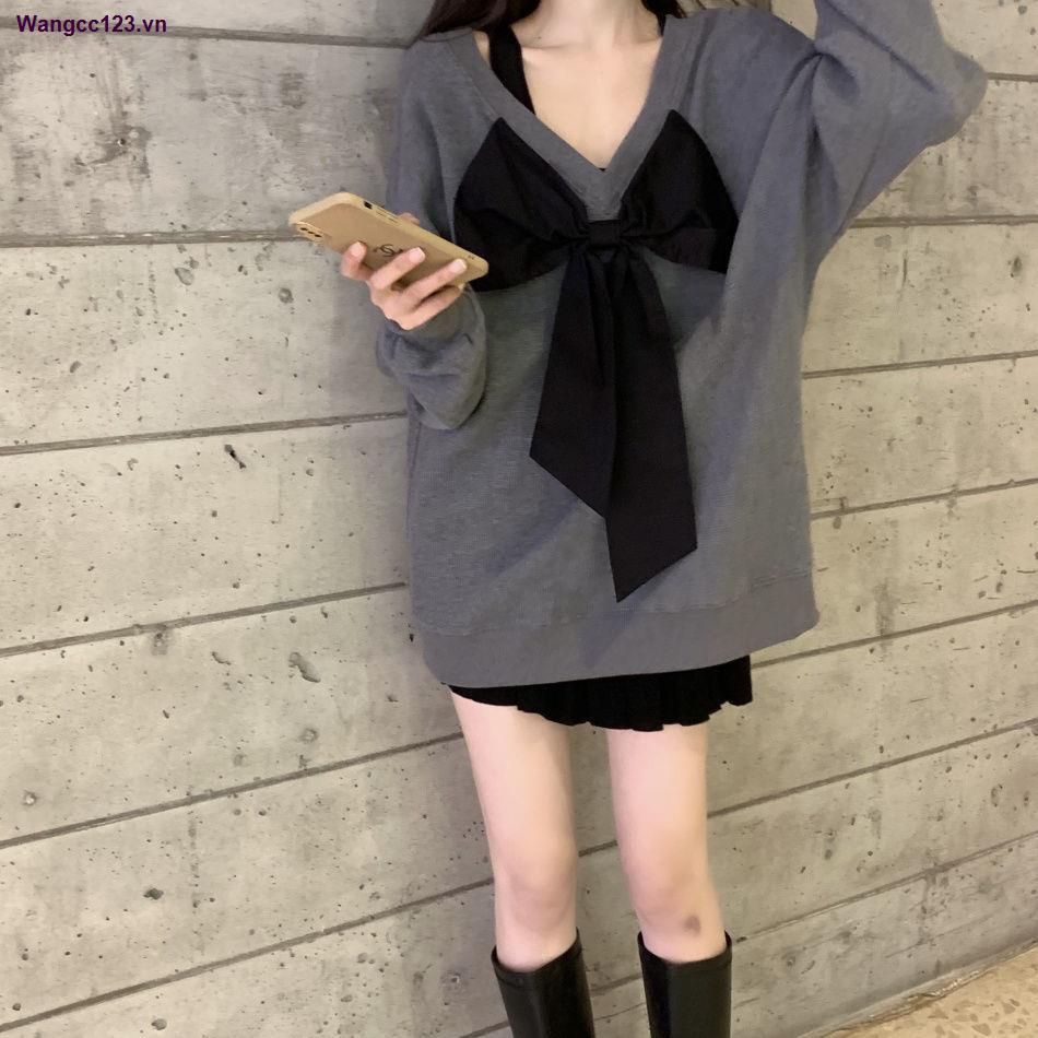 Áo sweater tay dài dáng rộng cổ chữ V thắt nơ thời trang mùa thu cho nữ