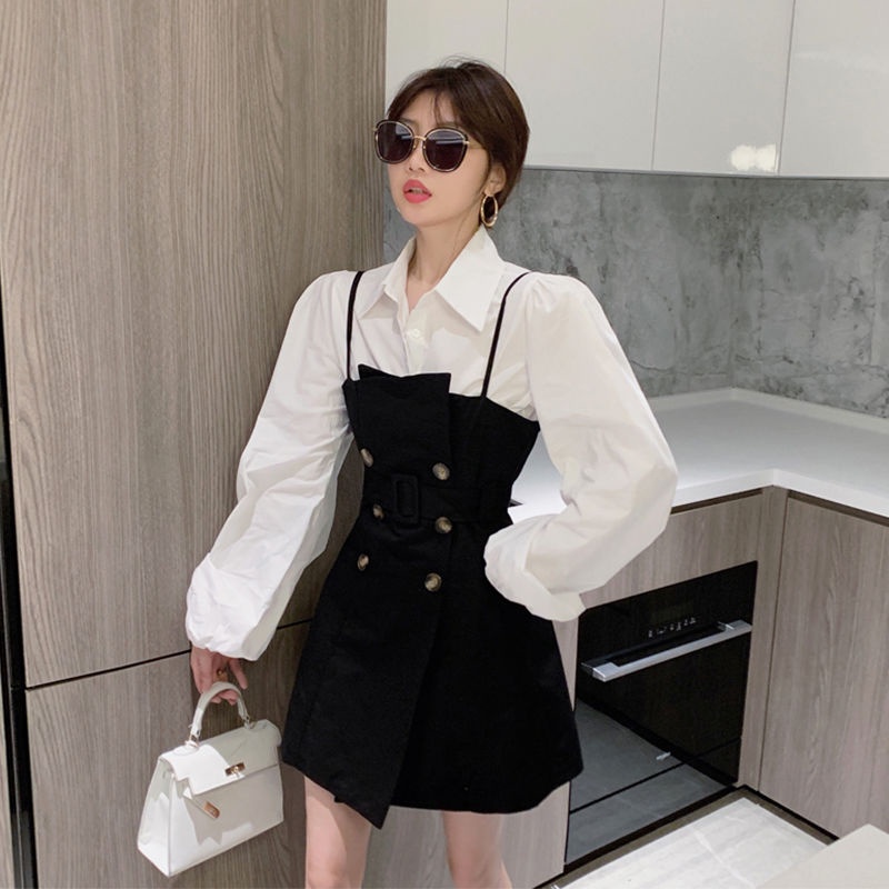 Set Áo Sơ Mi Trắng Tay Dài Phồng + Đầm Hai Dây Phong Cách Hong Kong Thời Trang Cho Nữ