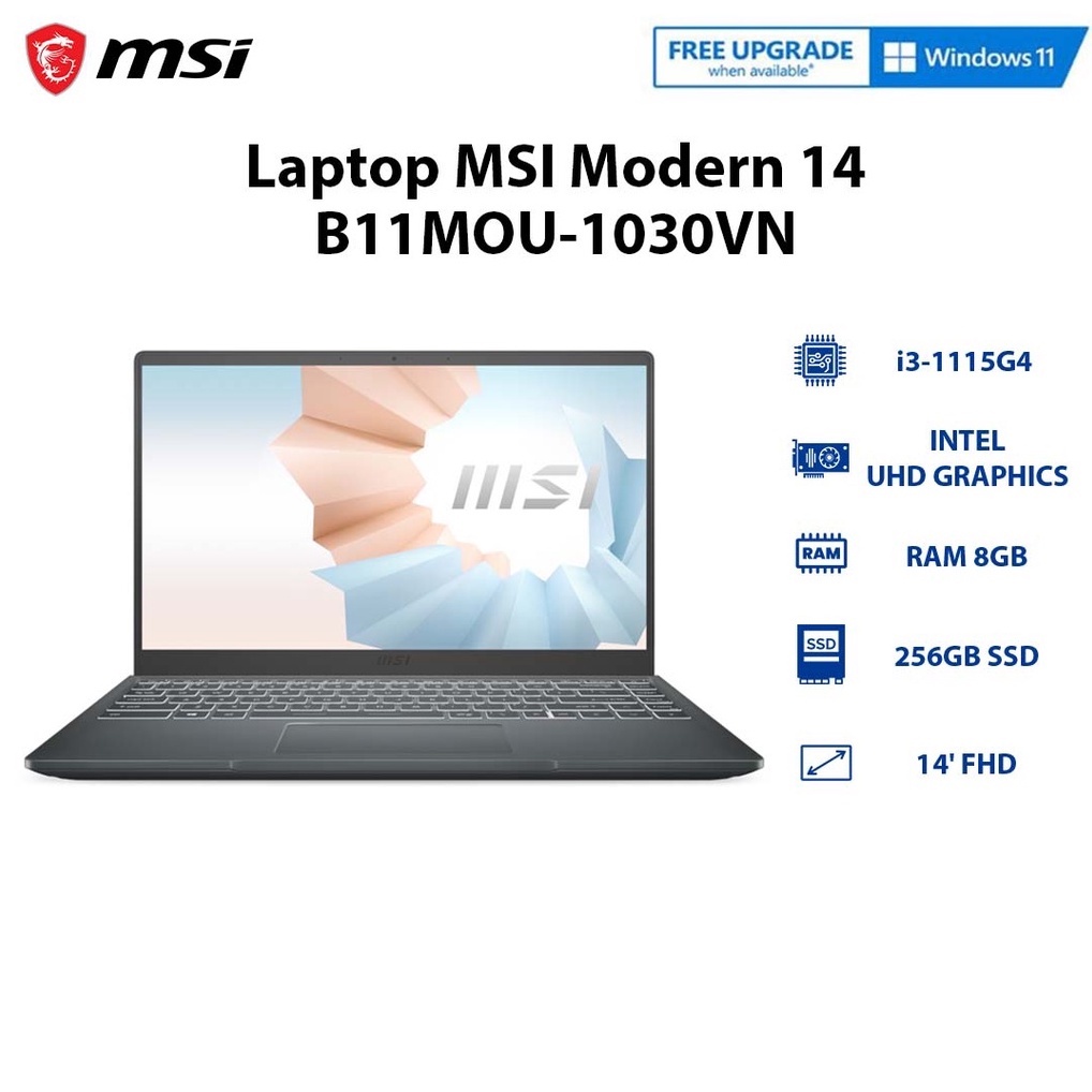 Laptop MSI Modern 14 B11MOU-1030VN (i3-1115G4 | 8GB | 256GB | Intel UHD Graphics | 14' FHD | Win 11)
