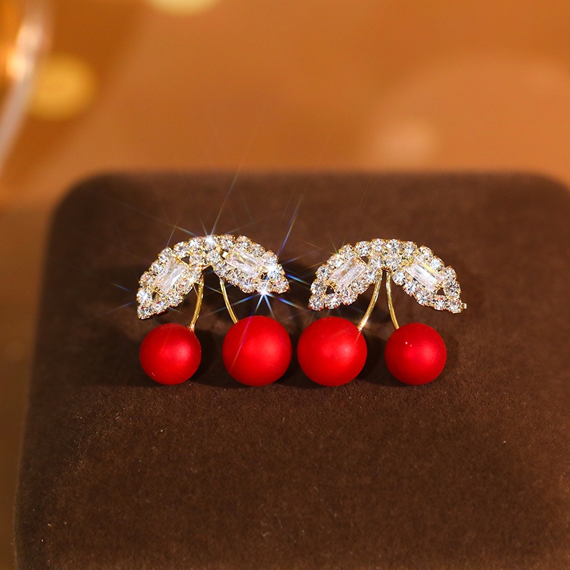 Khuyên tai JIUDUOLAN dạng kẹp/ xỏ mặt quả cherry đỏ đính đá zircon nhân tạo thời trang cao cấp dành cho nữ