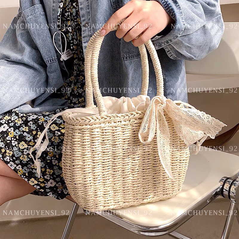 Túi đi biển mây dệt đeo vai cầm tay hoặc đeo chéo/ túi cói nữ bán nguyệt đi du lịch form mềm cột nơ ren size nhỡ T71