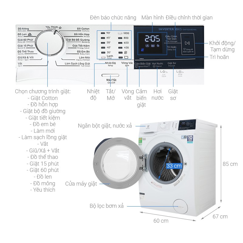 Máy giặt Electrolux Inverter 10kg EWF1024BDWA_Hàng chính hãng