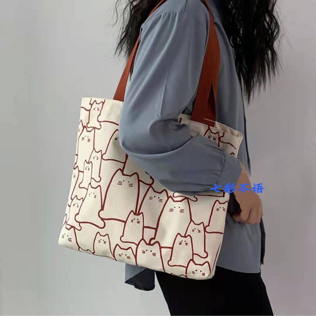 Túi đeo vai bằng vải canvas họa tiết mèo đáng yêu
