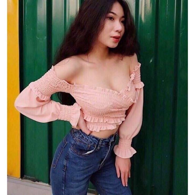 Áo bẹt vai chéo ngực tay bo cực xinh xắn A15