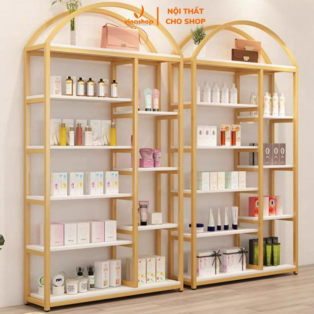 Kệ khung sắt mặt ván gỗ phủ melamin chống trầy  trưng đồ shop giày dép, mỹ phẩm, phụ kiện shop VNS-037