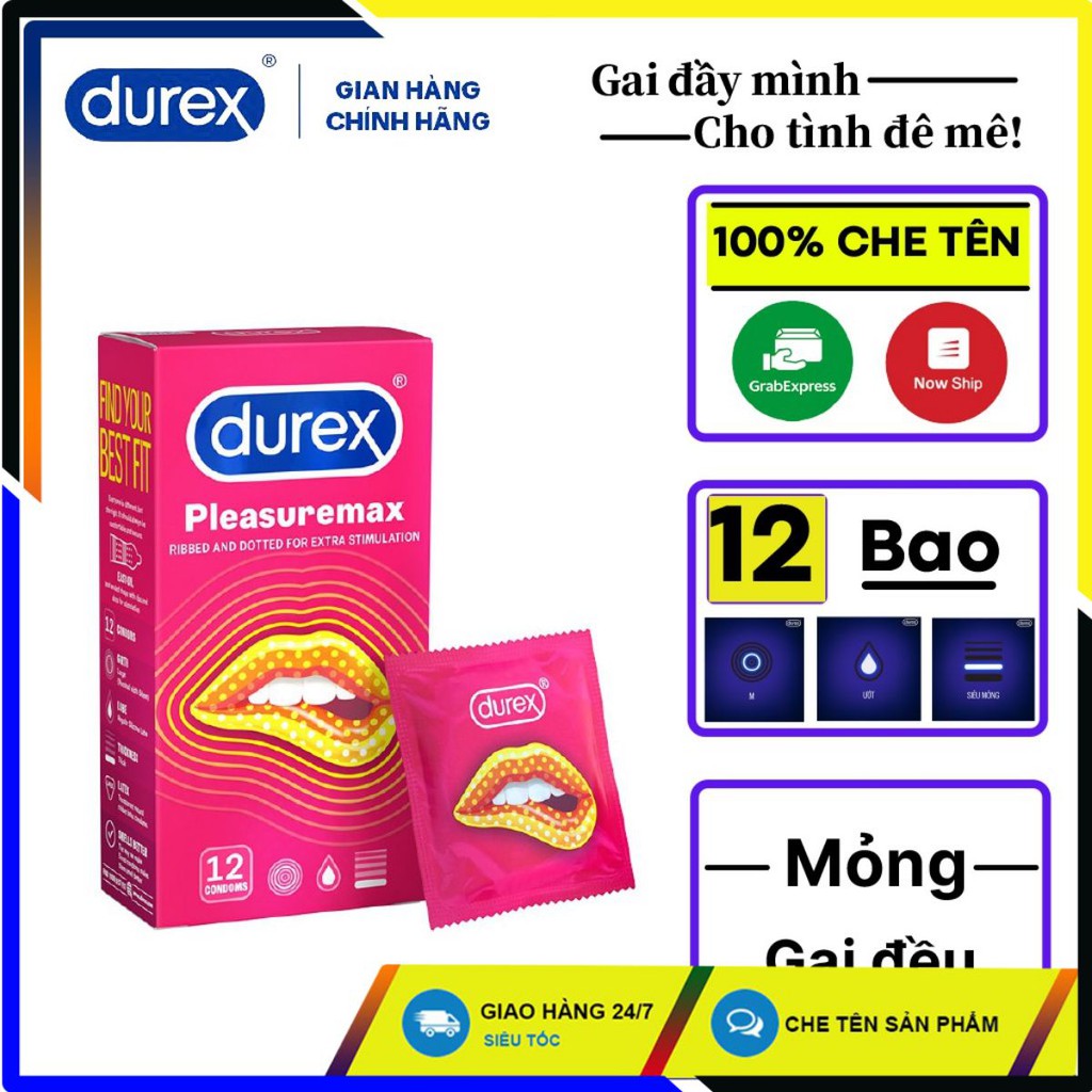 Bao cao su gân gai Durex Pleasuremax 12 bao + Tặng kèm hộp 3 bao | Bao cao su Durex gai đều, tăng cường hưng phấn