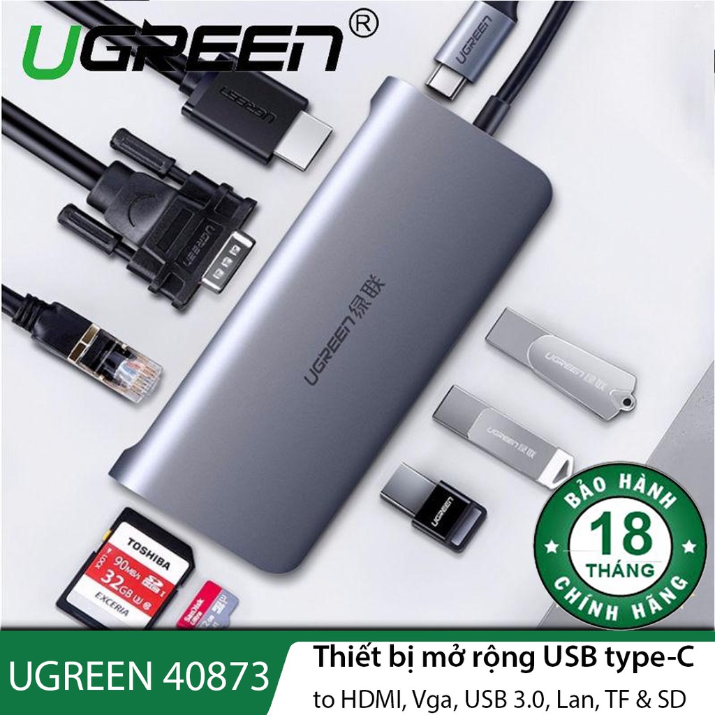 Bộ mở rộng USB Type C To HDMI, Vga, USB 3.0, Lan, TF & SD chính hãng Ugreen 40873 cao cấp