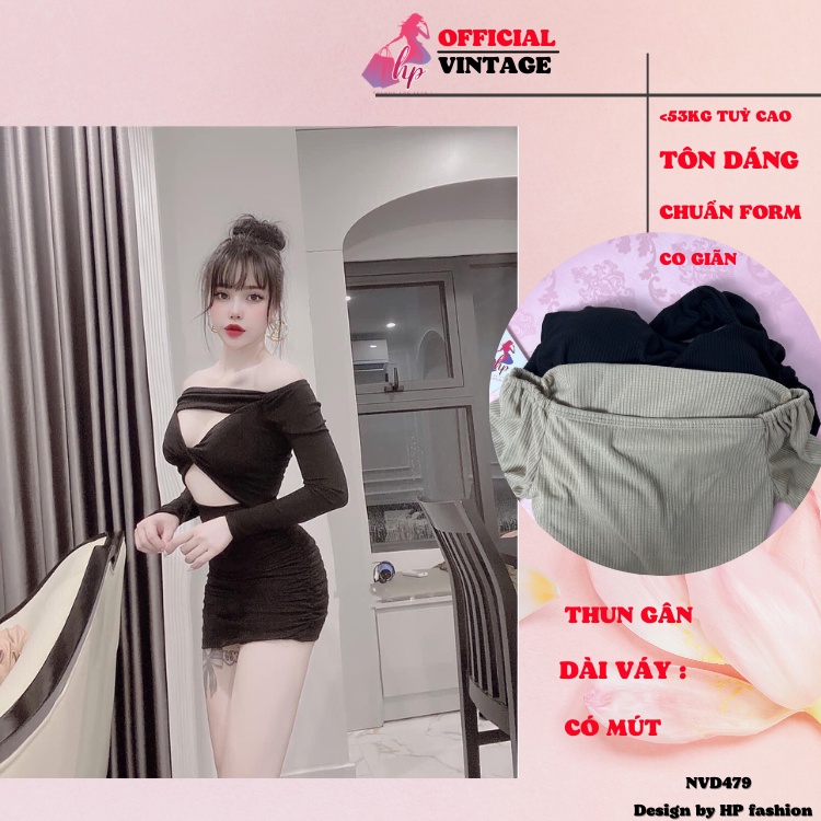 Đầm body trễ vai nhún, váy bẹt vai  thun gân màu đen sang chảnh dự tiệc hàn quốc VD479