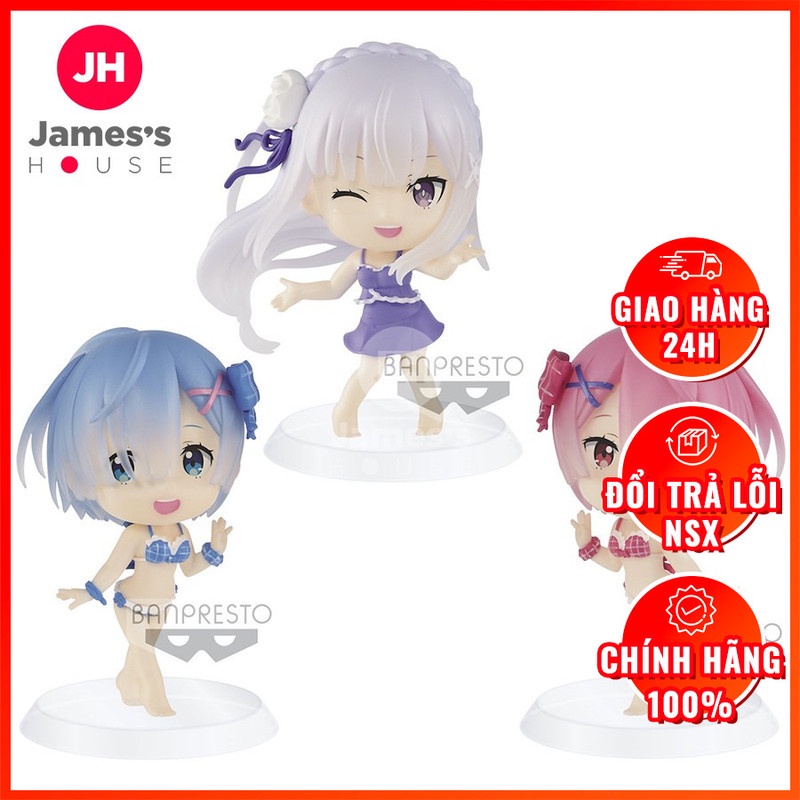 Mô Hình Figure Chính Hãng Anime Re:Zero, Ram, Rem, Emilia, CHIBI KYUN, BANPRESTO, Nhật Bản