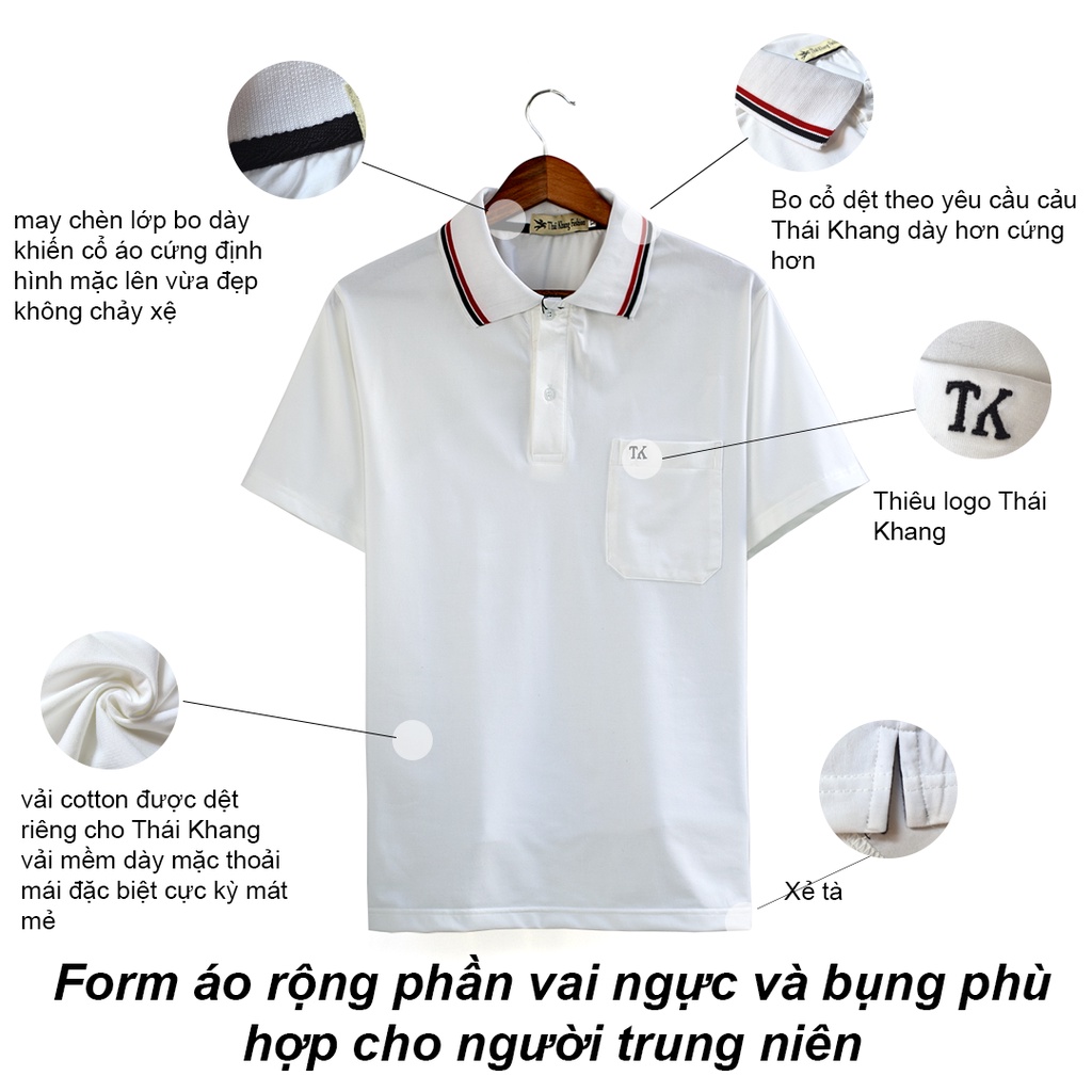Áo thun nam trung niên form rộng THÁI KHANG vải coton mềm co giãn tốt có cổ có túi ATHUN12