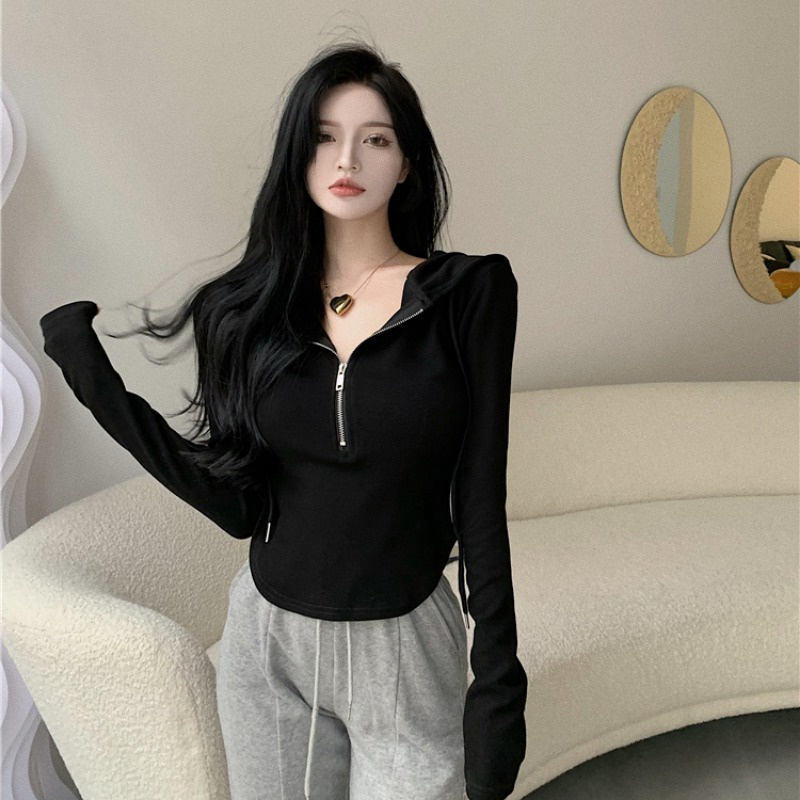 Áo hoodie đen ngắn tay dài dáng ôm phối khóa kéo phong cách Retro