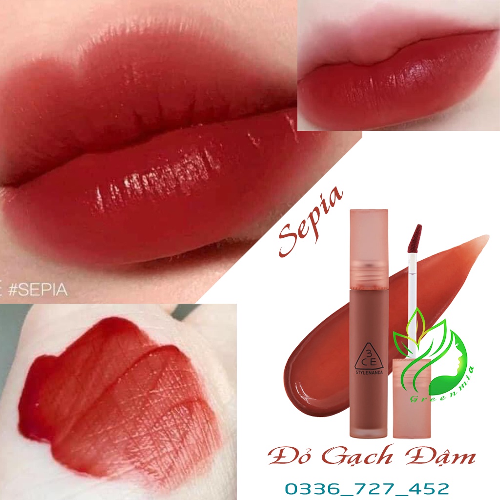 Son Kem Lì 3CE Sepia - Màu Đỏ Gạch Đậm 4.6g Blur Water Tint Siêu Lì Không Lem