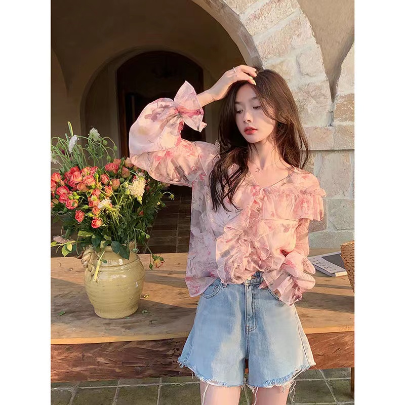 Áo Sơ Mi Voan Tay Dài Họa Tiết Hoa Phong Cách Vintage Hàn Quốc Cho Nữ