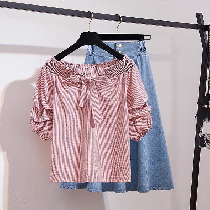 Áo sơ mi trễ vai thắt nơ ngực bèo tay form rộng cực xinh