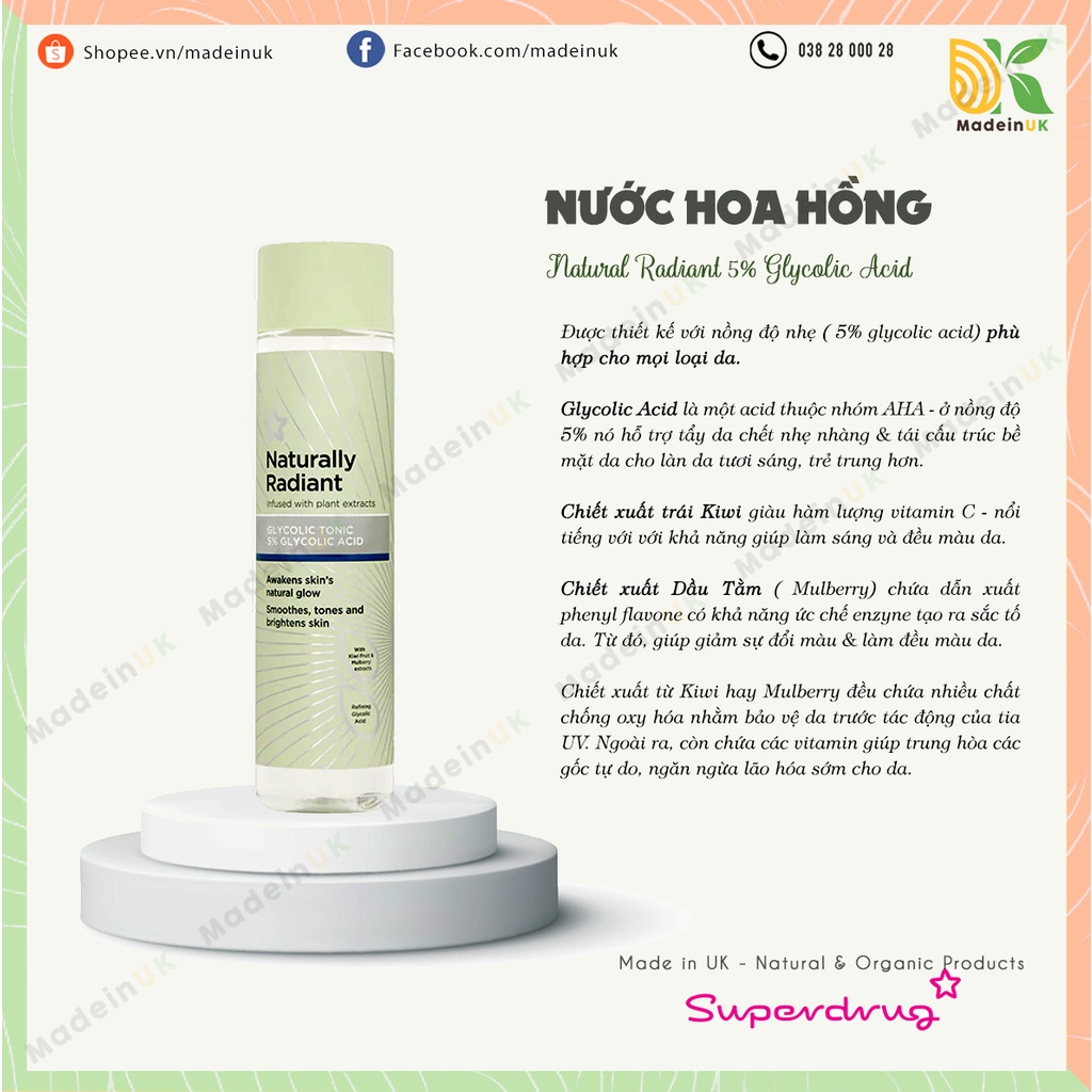 Nước hoa hồng Dưỡng Sáng Tẩy Da Chết Naturally Radiant Glycolic Tonic 5% Glycolic Acid Toner