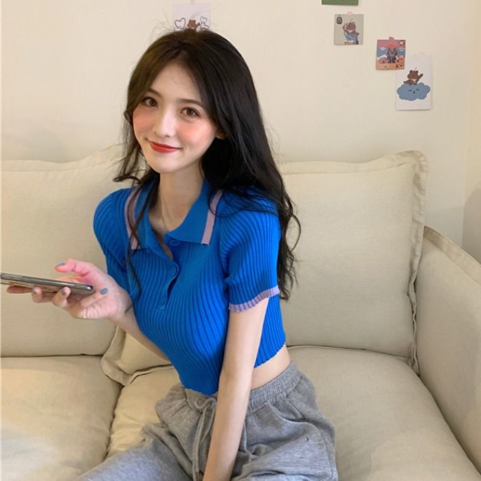 Jiashucheng Áo Thun POLO Dệt Kim Ngắn Tay Ôm Dáng Màu Tương Phản Phong Cách Mới Cho Nữ