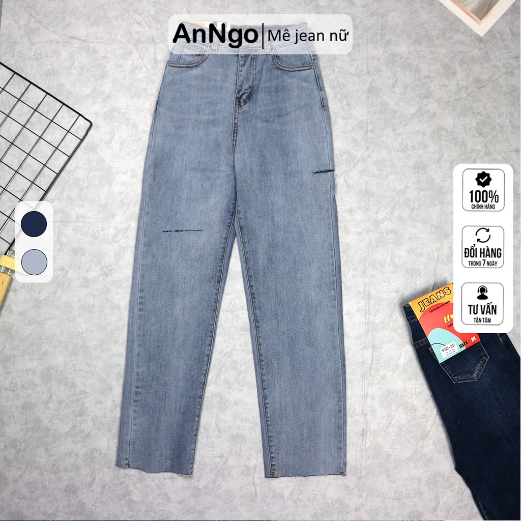 Quần jean nữ ống suông co giãn rách gối, chất liệu jean cotton bền đẹp AnNgo - AT180