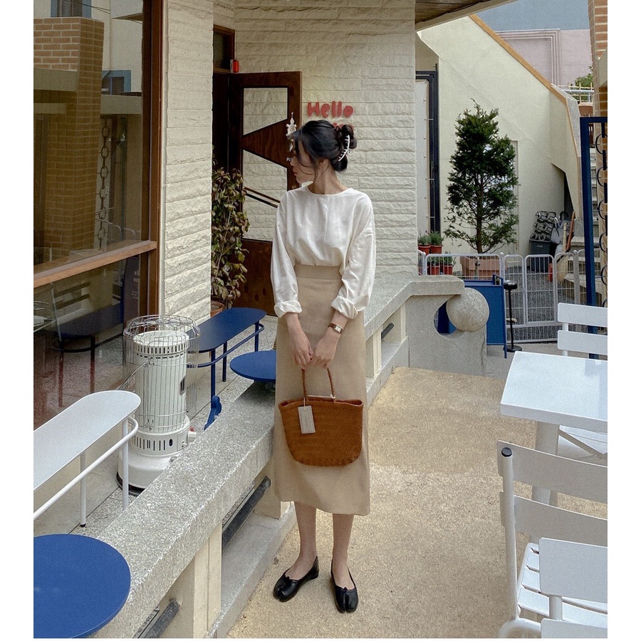 Chân váy midi chất linen mềm dáng A nhẹ cạp khóa xẻ sau