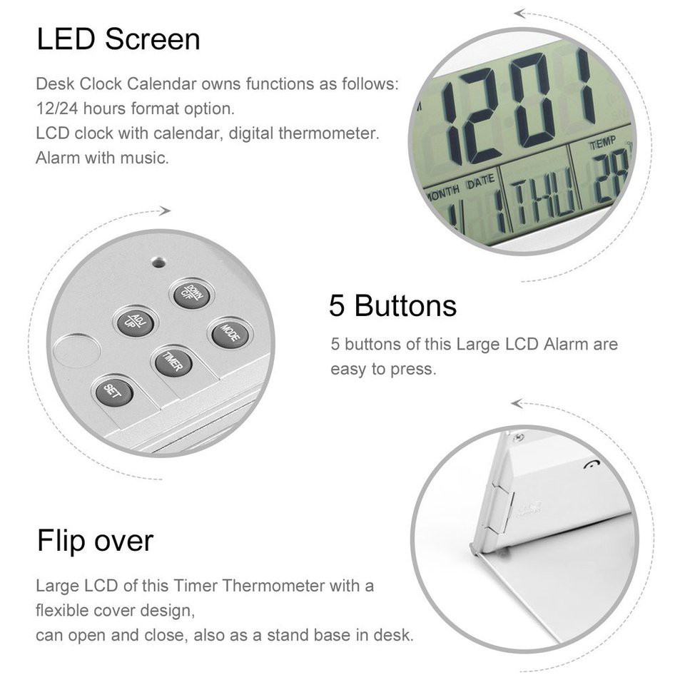 Đồng Hồ Báo Thức Màn Hình Lcd Kỹ Thuật Số Hiển Thị Nhiệt Độ / Lịch Để Bàn Linh Hoạt Có Vỏ Bọc