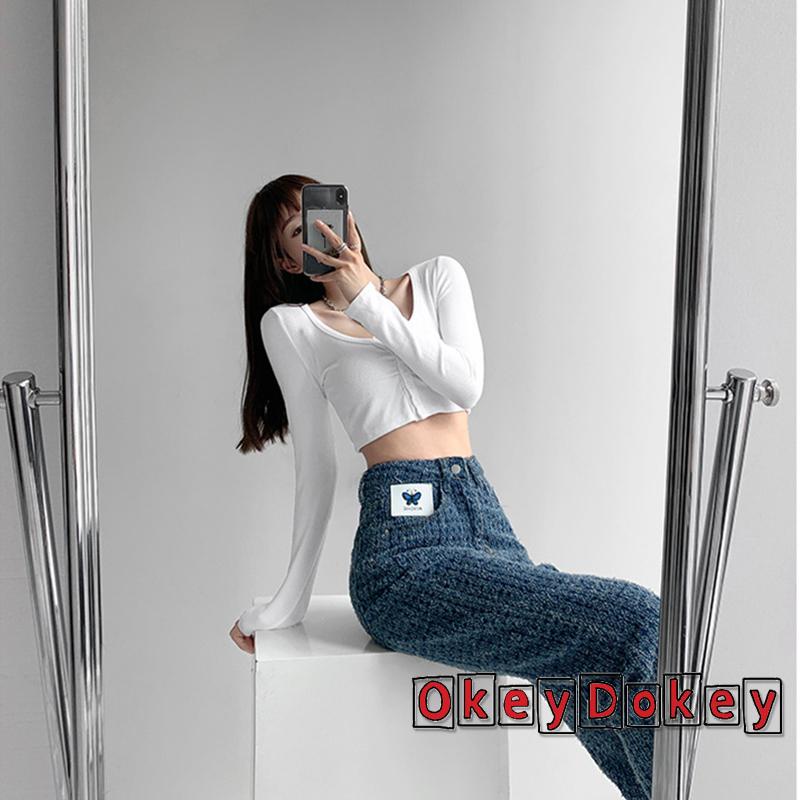 Áo Croptop Dệt Kim Tay Dài Cổ Chữ V Màu Trơn Cài Nút Cho Nữ