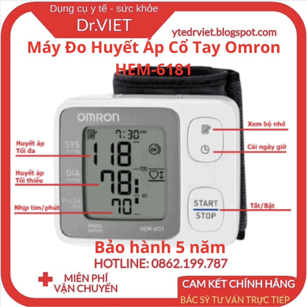 Máy Đo Huyết Áp Cổ Tay Omron HEM-618 - Đo huyết áp và nhịp tim,báo lỗi cử động,báo huyết áp cao, bảo hành 5 năm - Drviet