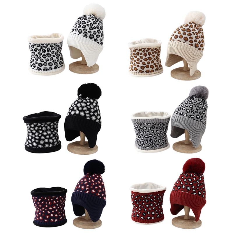 Mũ beanie Kèm Khăn Choàng Cổ Họa Tiết Da Báo Thời Trang Nữ