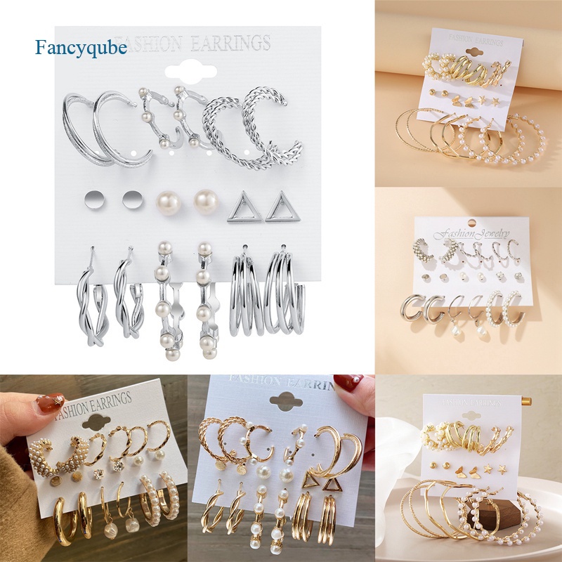 Set 9 đôi bông tai mạ vàng đính ngọc trai giả thanh lịch